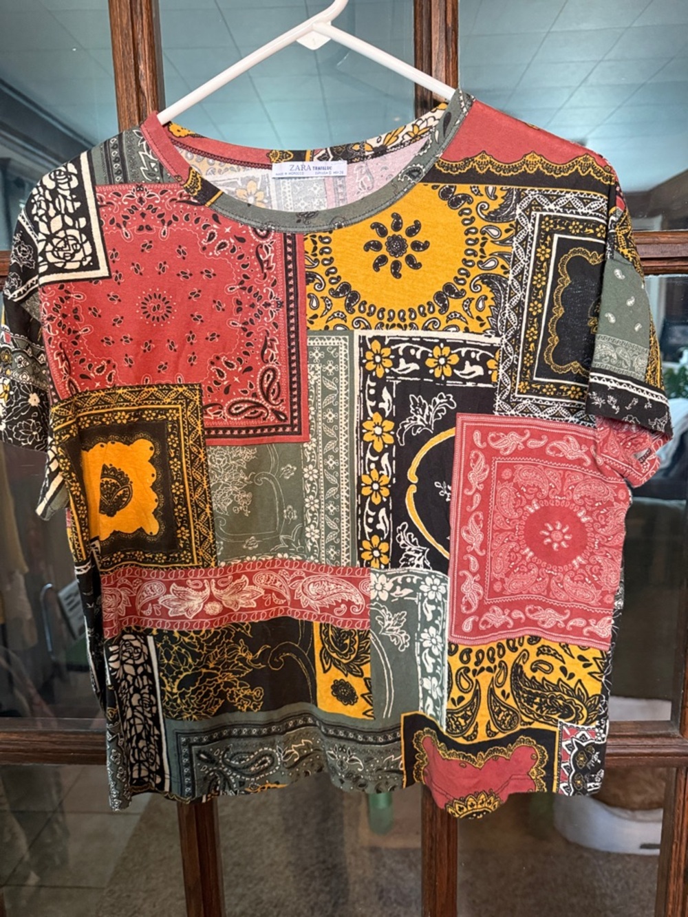 Zara Trafaluc Womens Bandana‎ Patchwork Print Crew Neck Short Sleeve Top Small